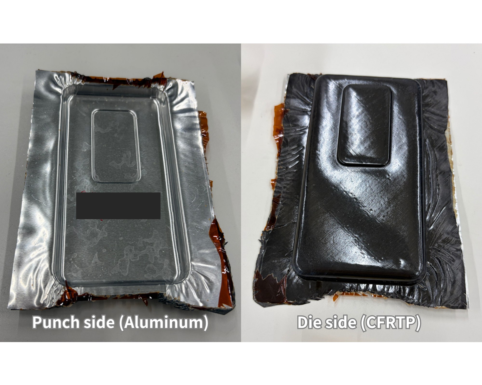 FMLの絞り加工後の成形品（左：アルミニウム側、右：CFRTP側）