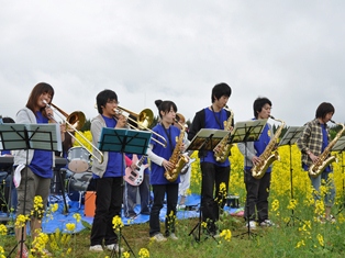 菜の花をバックに演奏する学生